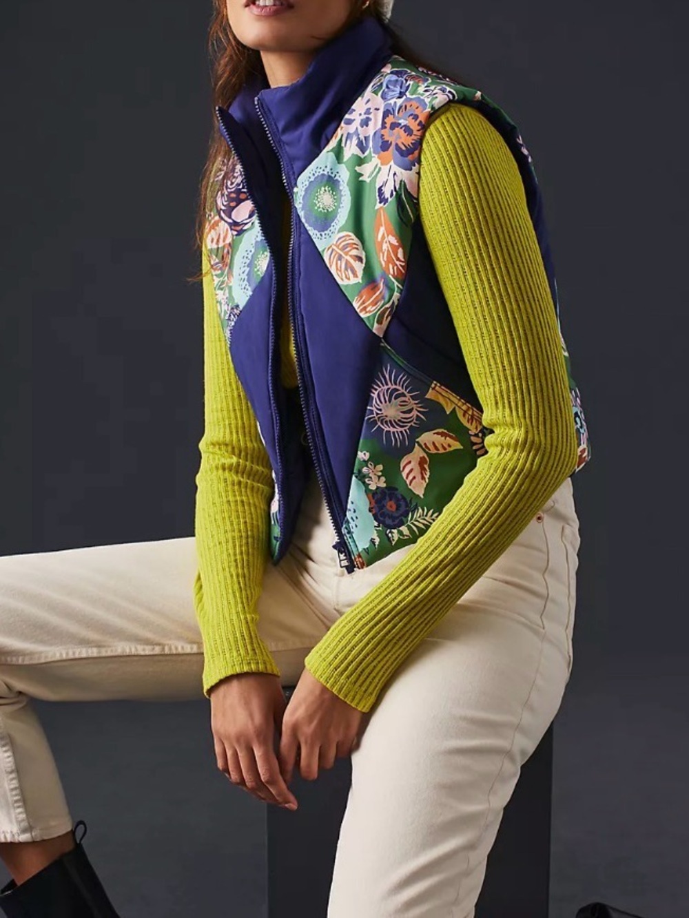 Anthropologie Daily Practice Vest Womens Size L Patchwork Floral Quilted Zip
